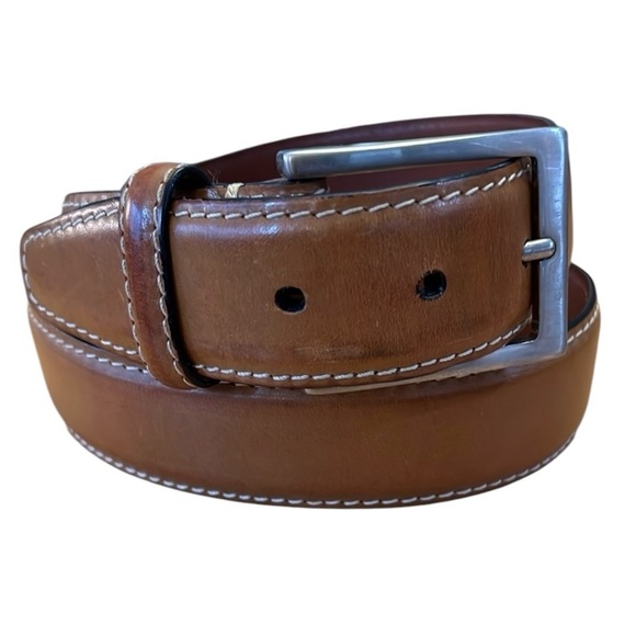 Peter Elliot Tan Leather Belt 34” Silver-Tone Brass Buckle Contrast Stitch Italy - Picture 1 of 16